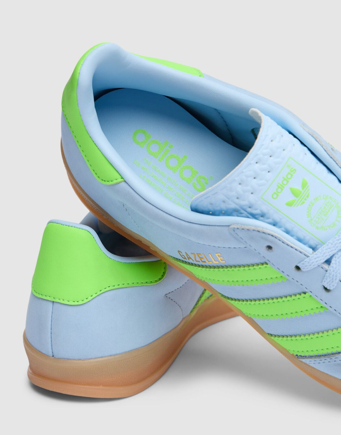 Adidas Gazelle Indoor in Clear Sky, Solar Green & Gum 3 Size UK 5