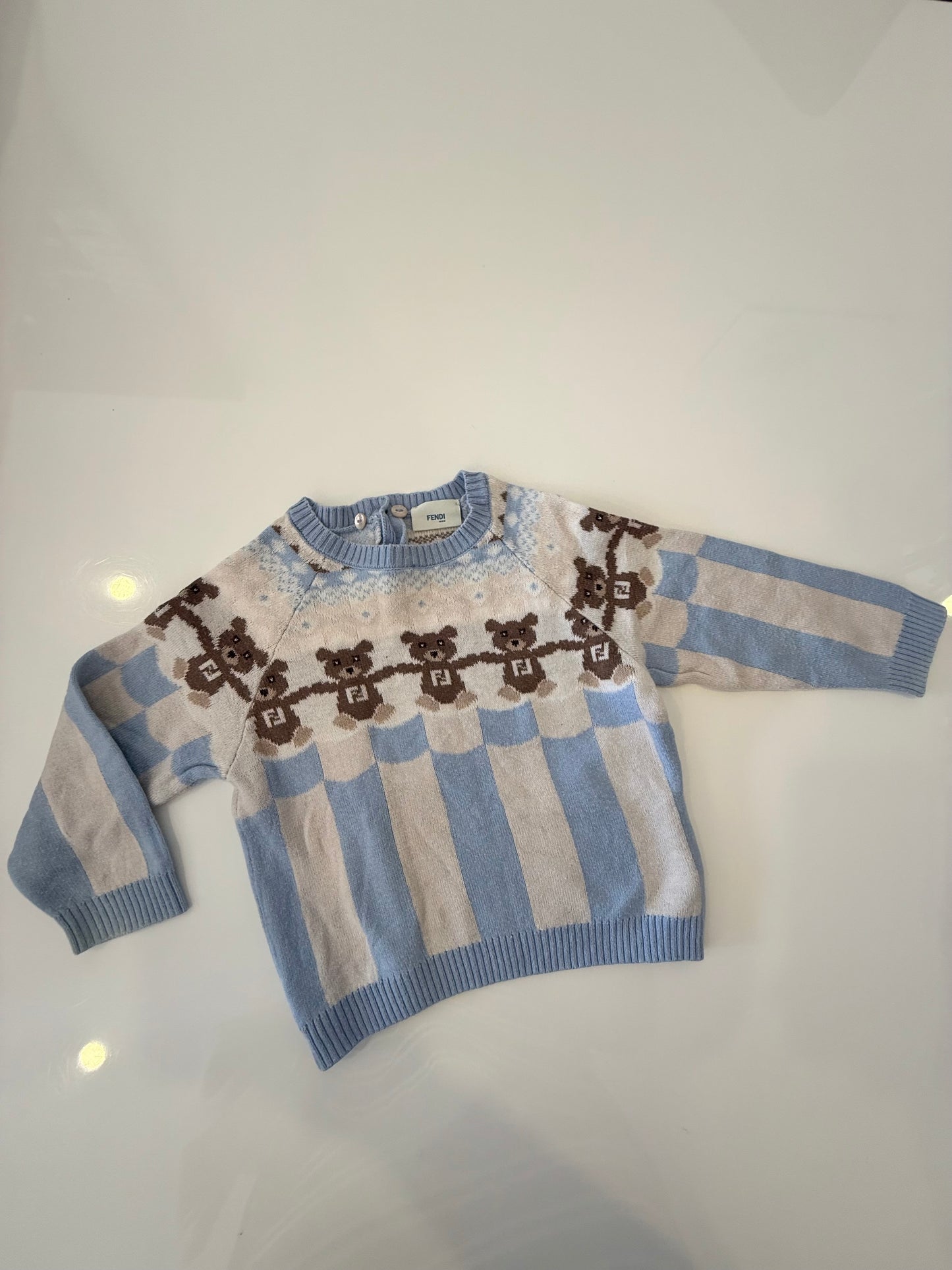 *Pre Loved* Fendi Baby beige wool sweater featuring a blue striped design and a teddy bear intarsia pattern with the FF logo age 12 months
