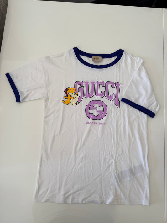 *Pre Loved* Gucci cartoon graphic ringer t-shirt in white with blue trim age 10