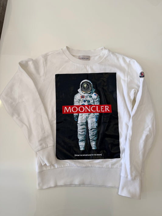 *Pre Loved* Moncler kids' white crew neck sweatshirt featuring an astronaut graphic with "MOONCLER" age 10